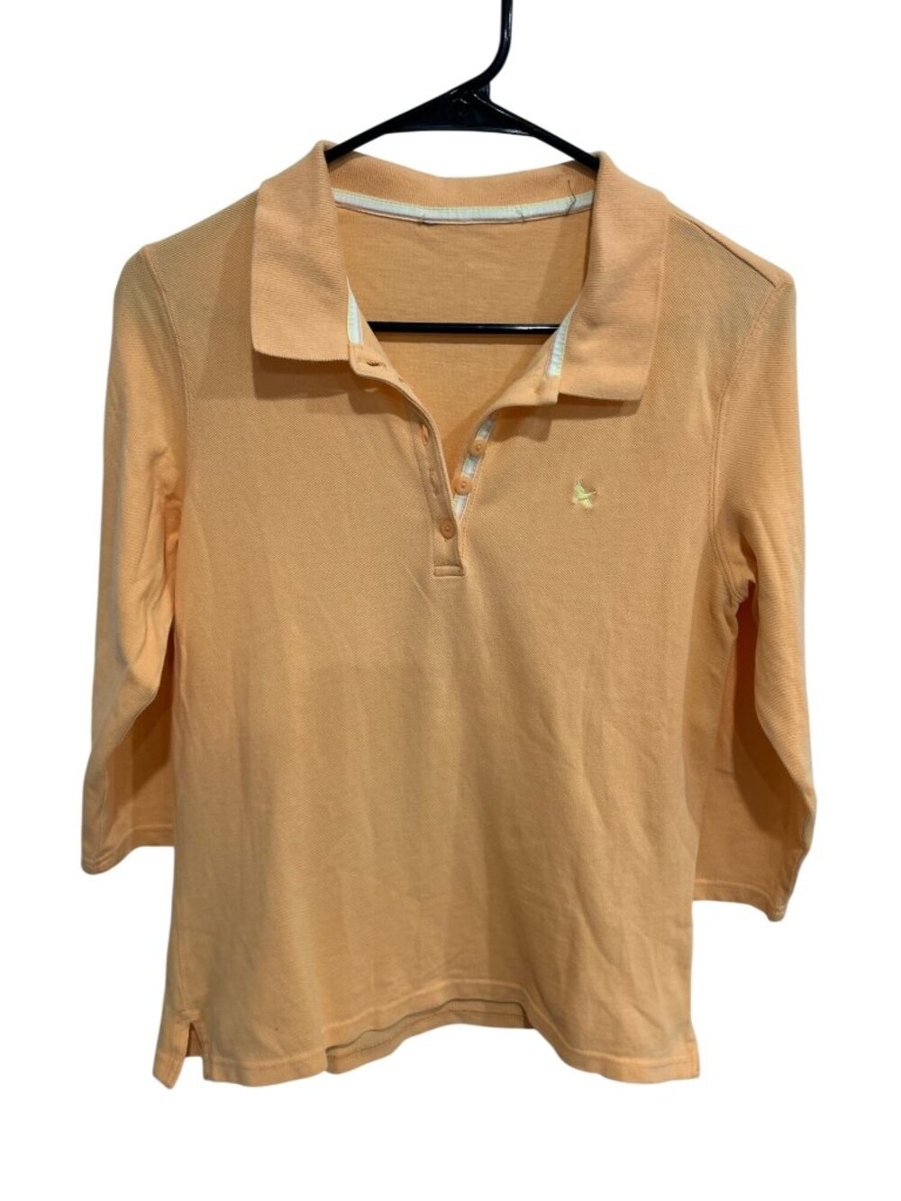 Womens Peach 3/4 Sleeve Polo Shirt Bird Embroidery Size M Button Up Collar Chic
